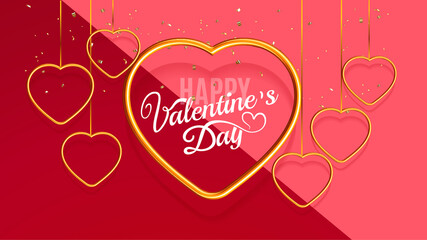 Happy Valentines Day banner or poster with lettering text or advertising announcement with golden metallic frame hearts and confetti isolated in red and pink background. Vector illustration.