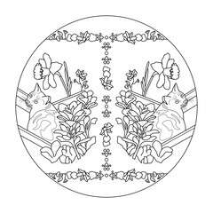 Cat mandala coloring page. Cute cat in the deckchair. With pretty flowers. illustration vector