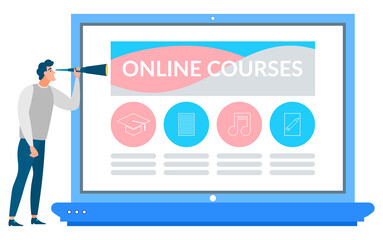 Man looking on site with online courses. Website for education and business. Person standing near laptop with spyglass, researching and investigating concept. Vector illustration