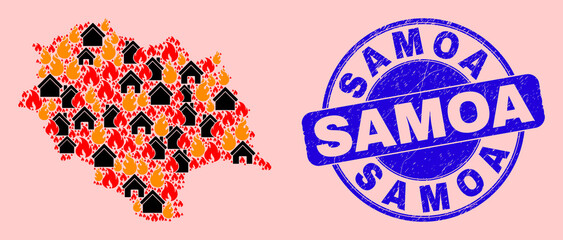 Fire disaster and property combination Himachal Pradesh State map and Samoa rubber stamp print. Vector collage Himachal Pradesh State map is composed with scattered burning homes.