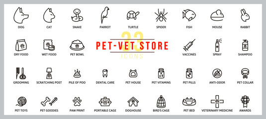Set of icons pet vet store. Outline illustration vector. Pictogram for web page, mobile app, promo. UI UX GUI design element. Editable stroke. Vector.