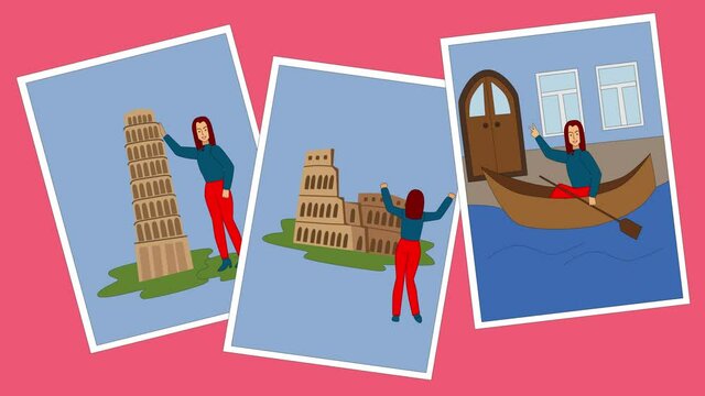 Photos of happy cartoon girl at the famous Italian places appearing. Photo report from a trip to Coliseum, tower of Pisa, sail on gondola. Tourism, vacation, travelling