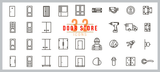 door, folding door, entrance door, glass door,  latch, lock, hinges. Interior design thin linear signs for house decor. Editable stroke.