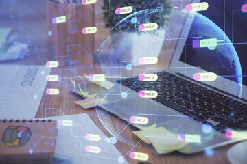 Technology theme drawing and table with computer. Double exposure. Concept of information.