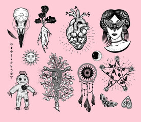 Naklejka premium Occultism Set With Woman With Moth Eyes, Mandrake Root, Snakes On The Tree, Alchemical symbols, Heart Lock, Dream Catcher, Pentagram Of Roses, Voodoo Doll, Crow Skull.