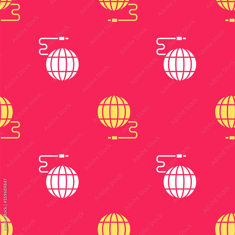 Poster yellow global technology or social network icon isolated seamless pattern on red background. vector 