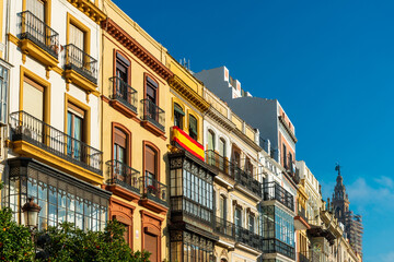 SEVILLA, SPAIN - January 13, 2018: Andalusia style building in Seville city, Spain
