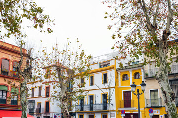 Naklejka premium SEVILLA, SPAIN - January 13, 2018: Andalusia style building in Seville city, Spain