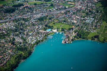 Fototapeta premium aerial view of the Bay of Spiez, Lake Thun and a course ship