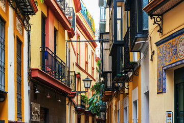 Fototapeta premium SEVILLA, SPAIN - January 13, 2018: Antique building view in Old Town Seville, Spain