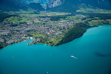 aerial view of the Bay of Spiez, Lake Thun and a course ship
