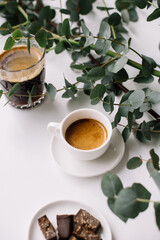 Delicious fresh morning espresso coffee with thick crema, black coffee, chocolate and eucalyptus branches on the white table background 