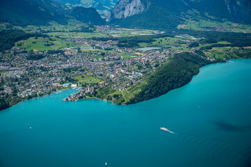 Obraz premium aerial view of the Bay of Spiez, Lake Thun and a course ship