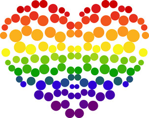 Symmetrical vector striped rainbow  colourful heart with circles.  Heart shaped LGBT flag with dots