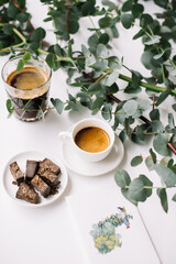 Delicious fresh morning espresso coffee with thick crema, black coffee, chocolate and eucalyptus branches on the white table background 