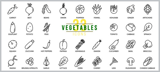 Set of icons vegetables. Outline illustration vector. Pictogram for web page, mobile app, promo. UI UX GUI design element. Editable stroke. Vector.