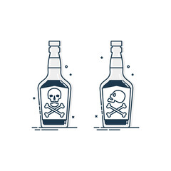 Bottle poison alcohol skull for concept design. Dangerous container. Potion beverage bar drink concept. Alcohol addiction icon. Venom, danger symbol. Isolated illustration in white background