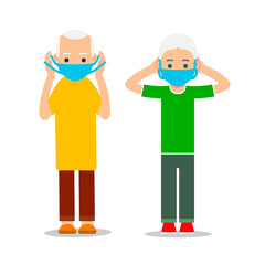 Elderly man and woman puts on virus mask. Corona virus hygiene. Health care. Healthy lifestyle during an outbreak virus infection. Respiratory protection. Flat illustration isolated white background