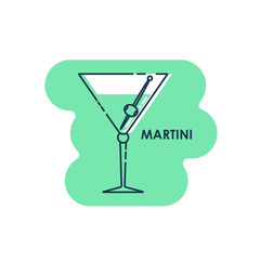 Wineglass martini with olive line art in flat style. Isolated on colored shape as background. Restaurant alcoholic illustration for celebration design. Contour element. Beverage outline icon