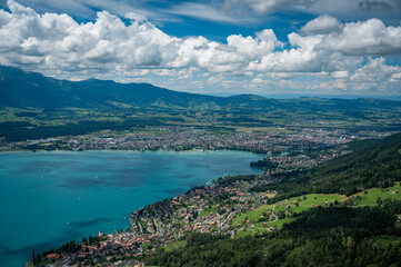 Fototapeta na wymiar aerial view of Thun and Lake Thun seen from the Helicopter