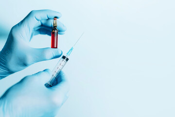 Medicine, injections and vaccination concept. Hands in medical gloves holding syringe and ampoule...