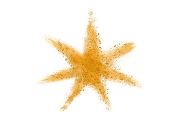 Fototapeta na wymiar Golden colored sand splash against white background. 