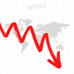 World map with falling arrow. Financial stagnation, recession, crisis, business crash, stock markets down, economic collapse. Downward trend concept illustration on white background 
