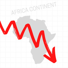 Africa continent map with falling arrow. Financial stagnation, recession, crisis, business crash, stock markets down, economic collapse. Downward trend concept illustration on white background 
