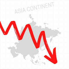 Asia continent map with falling arrow. Financial stagnation, recession, crisis, business crash, stock markets down, economic collapse. Downward trend concept illustration on white background 
