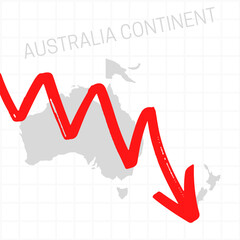 Australia continent map with falling arrow. Financial stagnation, recession, crisis, business crash, stock markets down, economic collapse. Downward trend concept illustration on white background 
