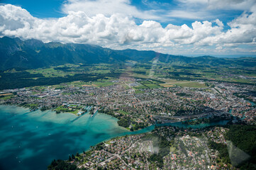 aerial view of the Thun and Lake Thun seen from the Helicopter