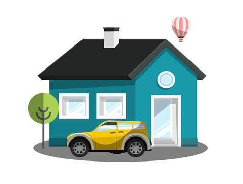 Blue Family House Vector Icon With Yellow Car, Tree And Hot Air Balloon On Sky.