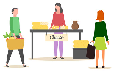 Fototapeta premium Female seller standing near table with different kinds of cheese. Shoppers buying assortment of milk product, marketplace with dairy food, retail vector
