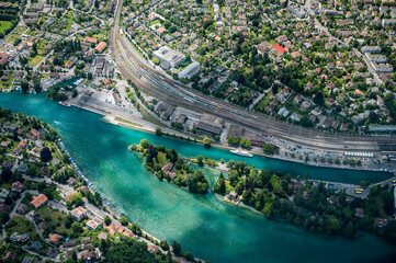 aerial view of the city center of Thun with Aare and Bälliz  seen from the Helicopter