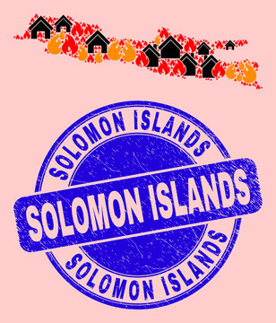 Fire disaster and houses mosaic Java Island map and Solomon Islands rubber stamp seal. Vector mosaic Java Island map is created with random burning cities.