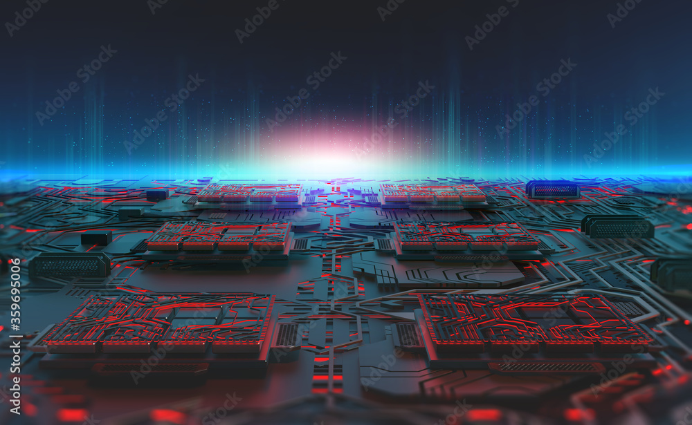 Aufkleber Futuristic computer panel, digital circuit and quantum processor concept. 3D illustration of high-tech nano elements of artificial intelligence