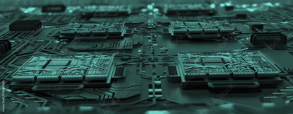 Aufkleber Futuristic computer panel, digital circuit and quantum processor concept. 3D illustration of high-tech nano elements of artificial intelligence