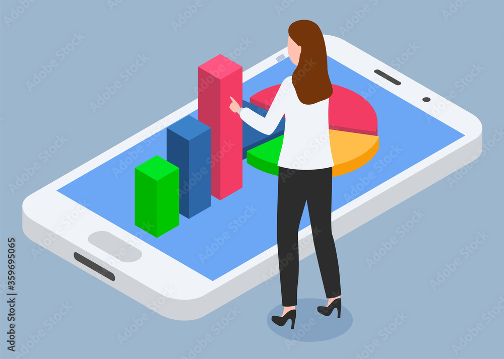 Aufkleber woman communicating with graph report in touchscreen phone. female working with colorful chart and d