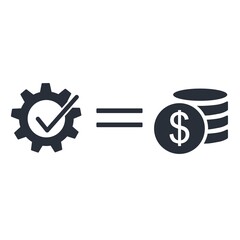 Finished process, equal sign, money. Work performed, remuneration. Vector icon isolated on white background.