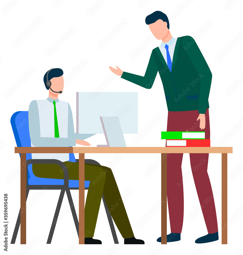 Poster worker in headset communicating with computer at desktop with documents. men characters discussing a