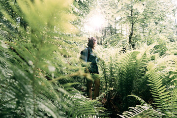 Woman hiker with a backpack among the foliage in the summer rainforest in the sunset sunshine.