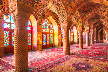 Famous pink mosque decorated with mosaic tiles and religious calligraphic scripts from Persian...