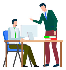 Worker in headset communicating with computer at desktop with documents. Men characters discussing and working with laptop indoor. Professional managers cooperation and consulting online vector