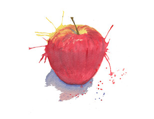 Watercolor apple with paint splashes, isolated on white background
