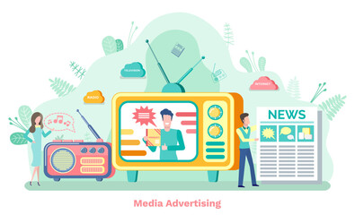 Media advertising, man and woman characters communication with newspaper, tv and radio equipments. Television technology, clouds on green, promotion vector