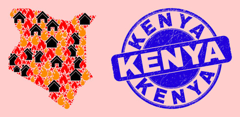 Flame and homes collage Kenya map and Kenya grunge stamp. Vector collage Kenya map is composed with scattered burning houses. Kenya map collage is composed for fire insurance posters.