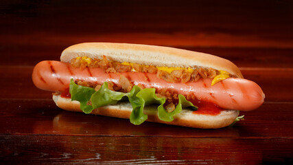 Hot dog with ketchup, mustard, fried onions and green lettuce on the background of wooden boards.