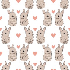 Seamless pattern Rabbit and Heart. Hand Drawn Cute Bunny Pattern, print design background, children print textile design. Vector