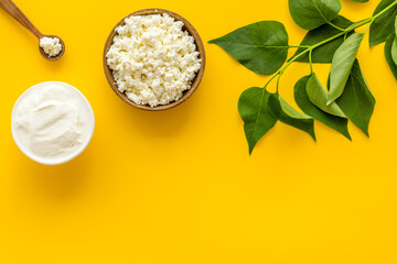 Cottage cheese with cream for breakfast from above space for text
