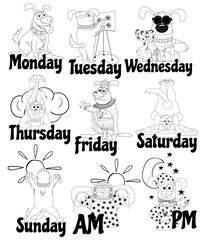 Dog days of the week. Funny dog drawn by hand at different times of the week. Illustration of different things that cheer up every day.